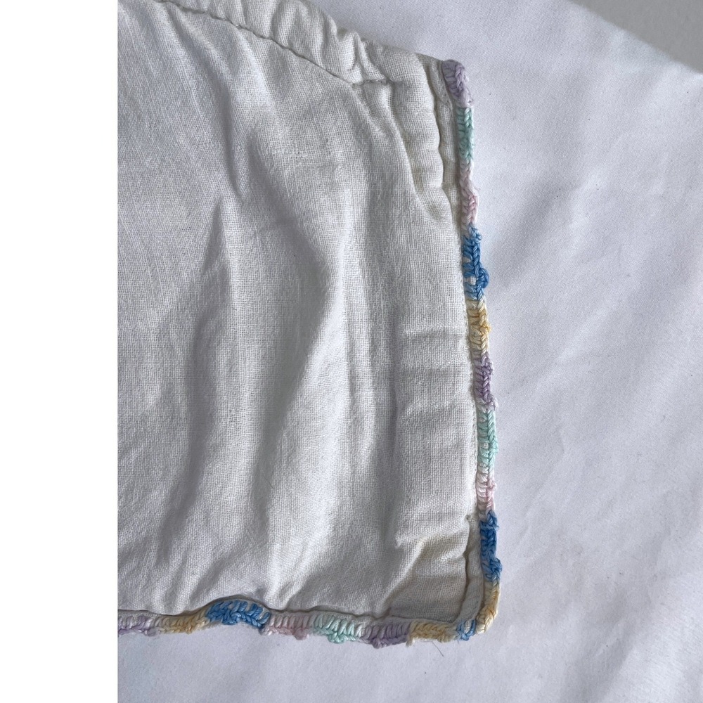 Vintage Hand Embroidered Burp Cloth White Cotton Donkey Folk Art Crochet Edge - Picture 5 of 6
